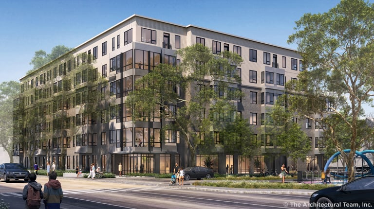 Architectural rendering of a modern, multi-story apartment building with pedestrians and vehicles on the street in front.