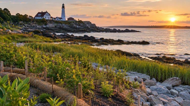 A sunset photo of shorefront plantings with a lighthouse in the background.