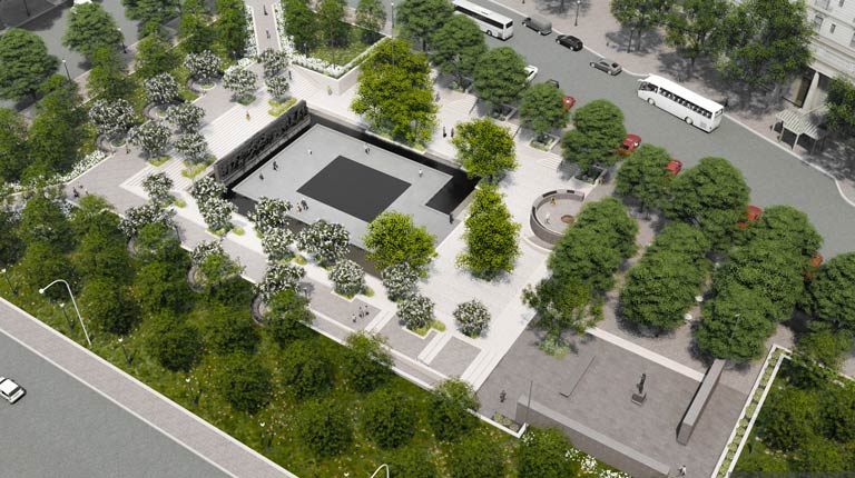 Concept Rendering of the WWI Memorial design from an aerial perspective.