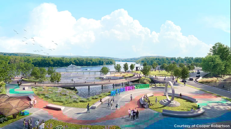 Conceptual illustration of the future River Bend Park, showcasing walking paths, green spaces, and a riverfront. 