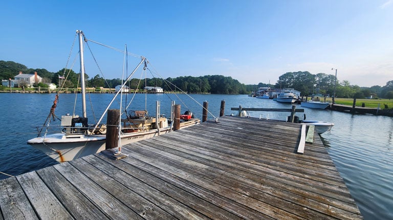 Boats sit at a dock on Virginia’s middle peninsula. 