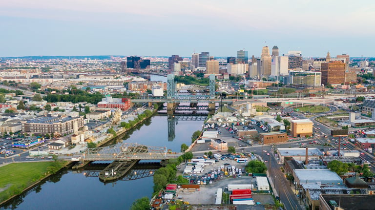 Newark skyline at dusk.