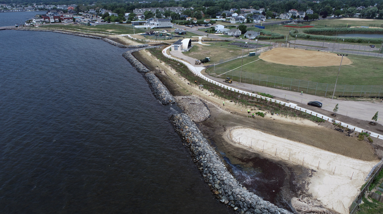 Aerial view of Shorefront Park’s living shoreline. 
