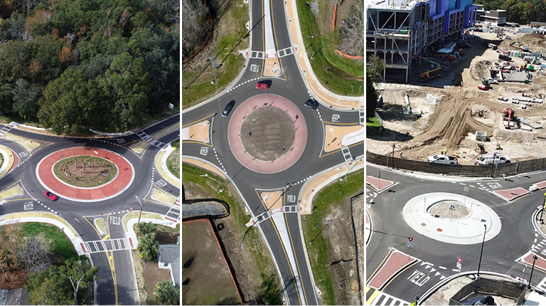 A roundabout road with two black cars and a red car, A roundabout with sidewalks at a construction site, A roundabout surrounded by trees with a red car driving around it.