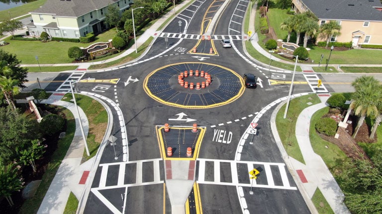 An aerial image of a completed modular roundabout.