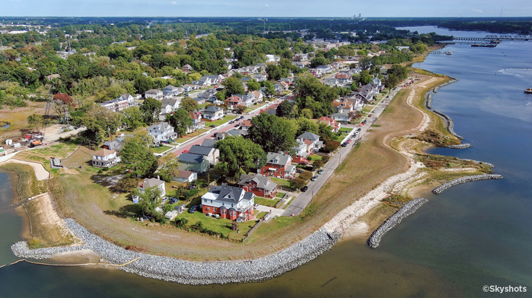 Aerial view along the coastline that shows the shoreline stabilization and restoration. 