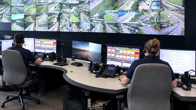 Traffic-control operations center, showing operators monitoring regional roadways from computer workstations.