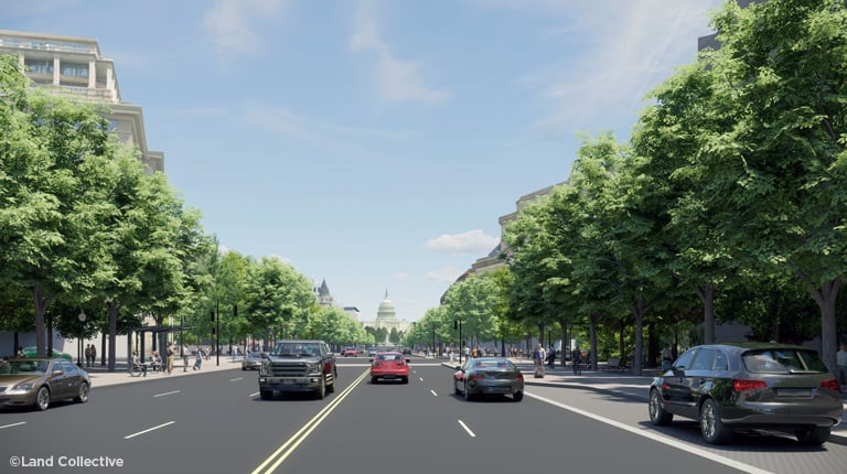 Corridor with rows of trees framing a multi-lane street, vehicles, and the U.S. Capitol in the distance.