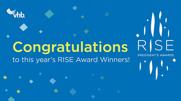 Confetti on a blue background with the text Congratulations to this Year’s RISE Award Winners! With the RISE Award and VHB logos.