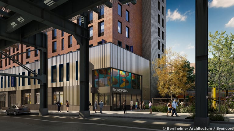 Rendering of River Commons, a mixed-use development in the South Bronx with the BronxWorks entrance.