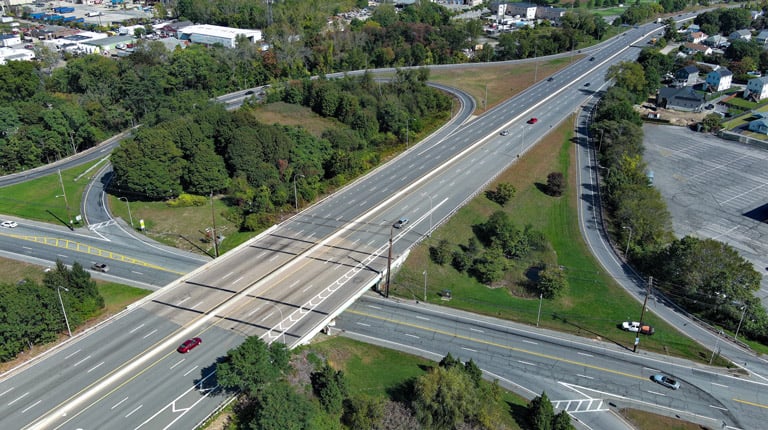 An aerial view of a highway bridge.
