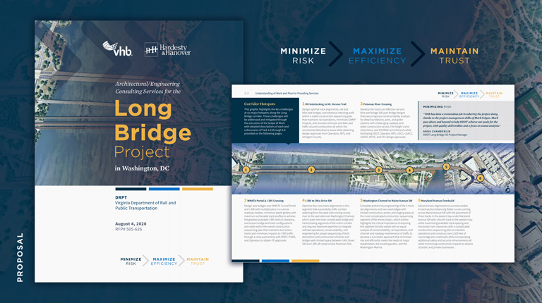 An excerpt from the Long Bridge proposal that includes the proposal cover page and map of the project site.