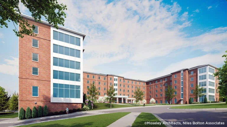 Rendering of the new 463 bed, 117,000- square-foot, five‐story residence hall to be built.