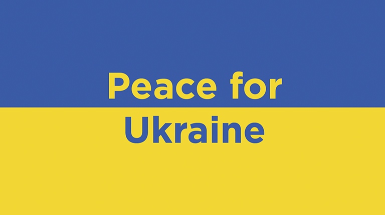 Blue and yellow Ukrainian flag with the words Peace for Ukraine