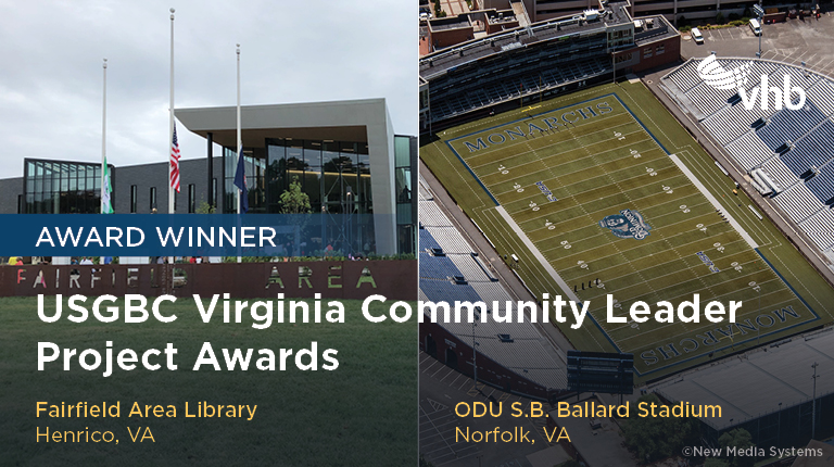 The Fairfield Area Library front façade and an aerial view of ODU’s football stadium. 