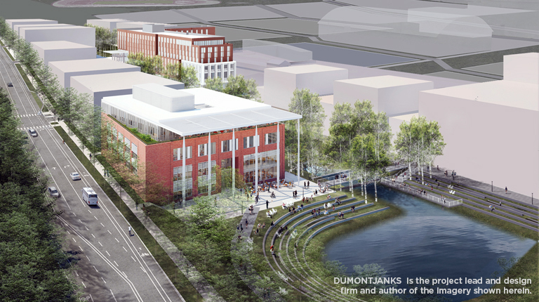 Site rendering of the large open water feature and amphitheater seating serving as the focal point for the Ivy Corridor. 