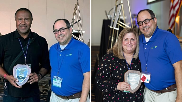 Collage of Tim Foster and Michelle Cavucci receiving their award.