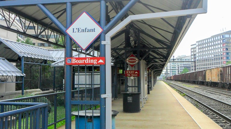 The L’Enfant Rail Station boarding platform and track.