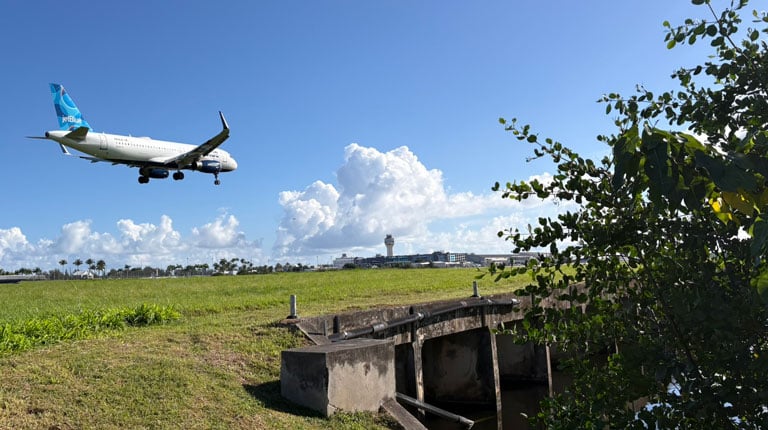 Plane flying over grassy area.