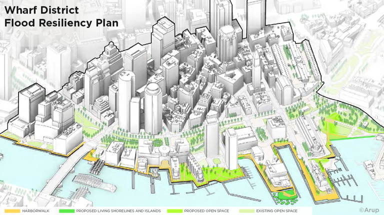 A graphic showing Wharf District Council’s Flood Resiliency Plan, including proposed open space and a harbor walk.