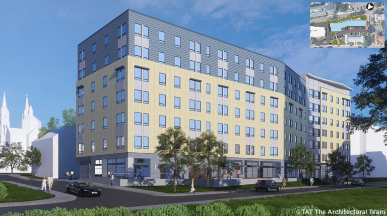 Rendering of large, multistory building in an urban setting with greenspace in the foreground.