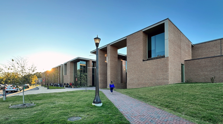 The front entrance of the new W&M Performing Arts Center. 