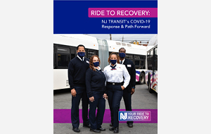 E-book cover depicting NJ Transit workers in blue uniforms wearing masks in front of trains