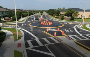 An aerial image of a completed modular roundabout.