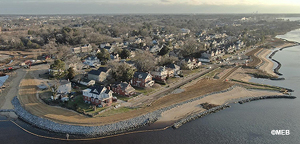 Aerial view along the coastline of the living shoreline installation.