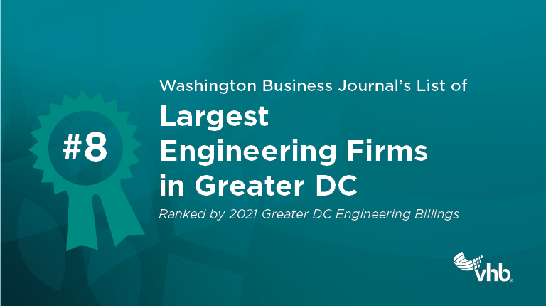 Graphic to display the #8 ranking and text, “Washington Business Journal’s List of Largest Engineering Firms in Greater DC.