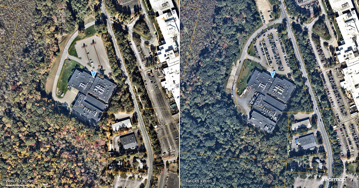 Side-by-side aerial images showing buildings and surrounding land and trees