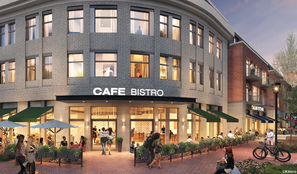 A rendering of the Café Bistro exterior with tables, planters, and pedestrians on brick sidewalks at 21 River Road. 