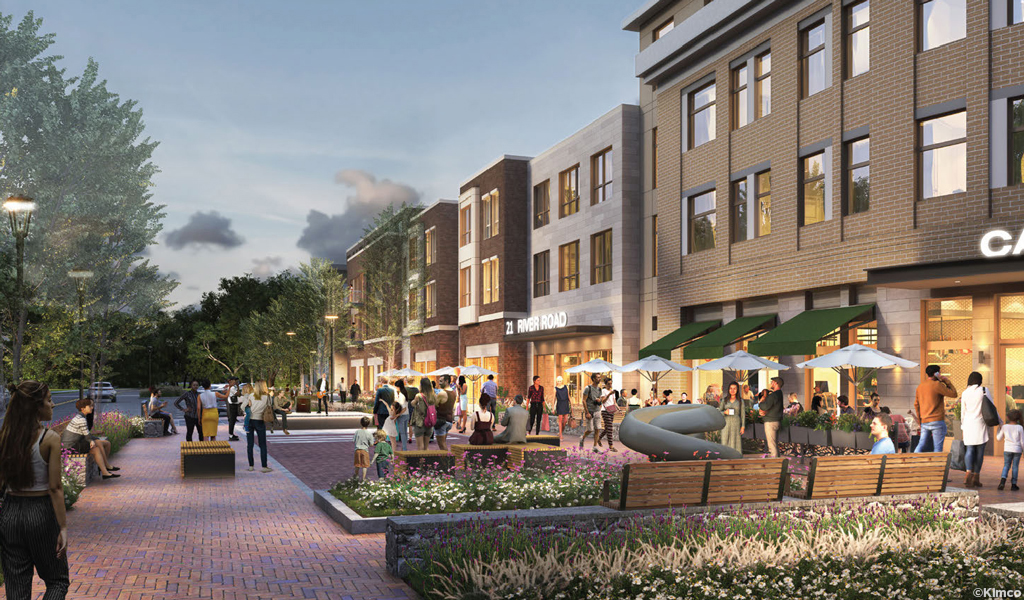 Rendering of pedestrians gathering, shopping, and dining in the civic spaces at 21 River Road, a mixed-use district. 