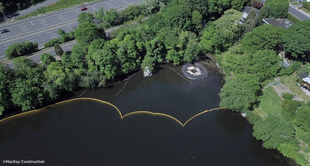 A pond with trees next to a highway.