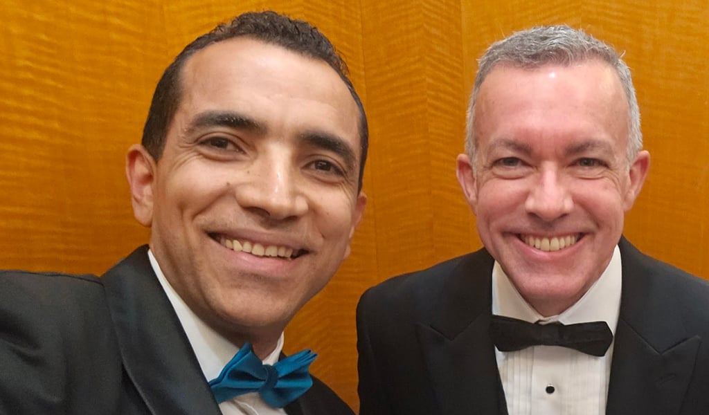 Ahmed Amir and Joe Wanat take a selfie on the way to the awards ceremony.