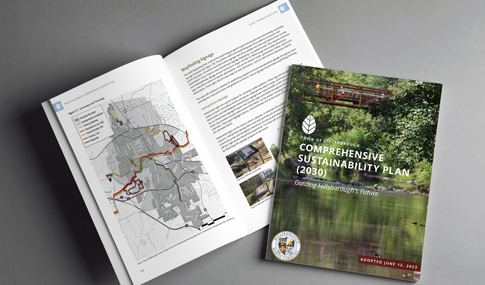 The Town of Hillsborough Comprehensive Sustainability Plan sitting on a table. 