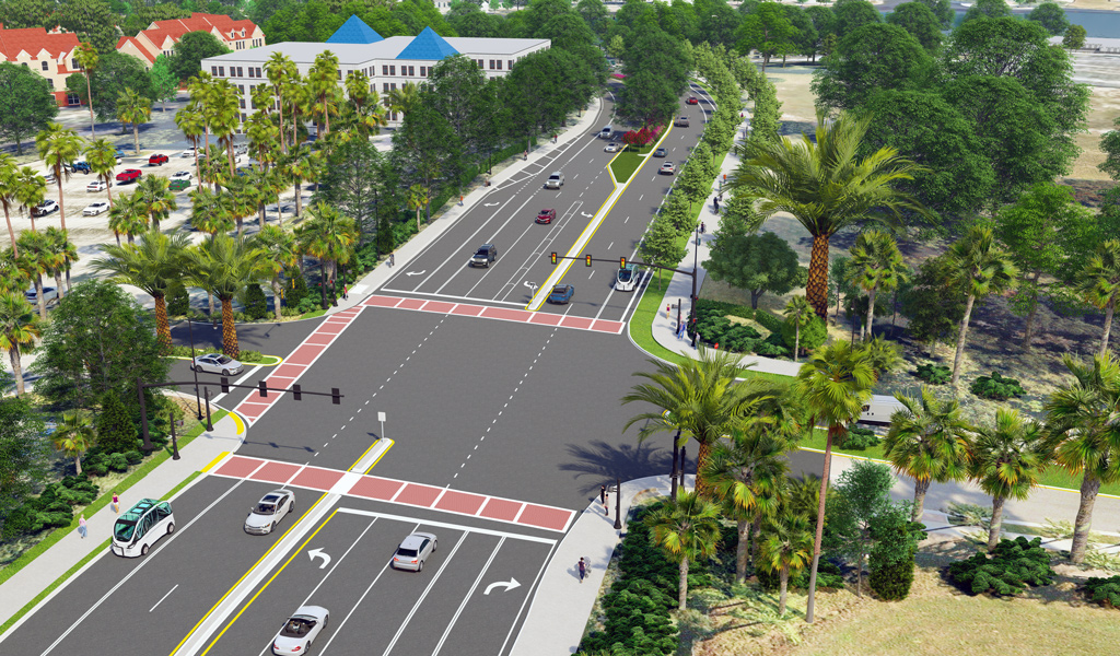 An aerial rendering of a multimodal flex path for autonomous vehicles showing the path at an intersection with lush tropical foliage surrounding it. 