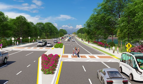 People cross the street in a pedestrian crosswalk while an autonomous vehicle runs in its own flex path lane beside a path for cyclists and pedestrians