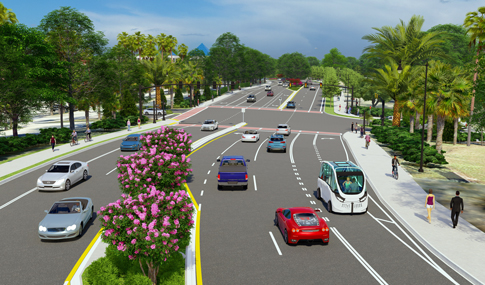 Automobiles drive by a multimodal flex path with an autonomous vehicle and passengers. Lush tropical foliage is located in the median. 