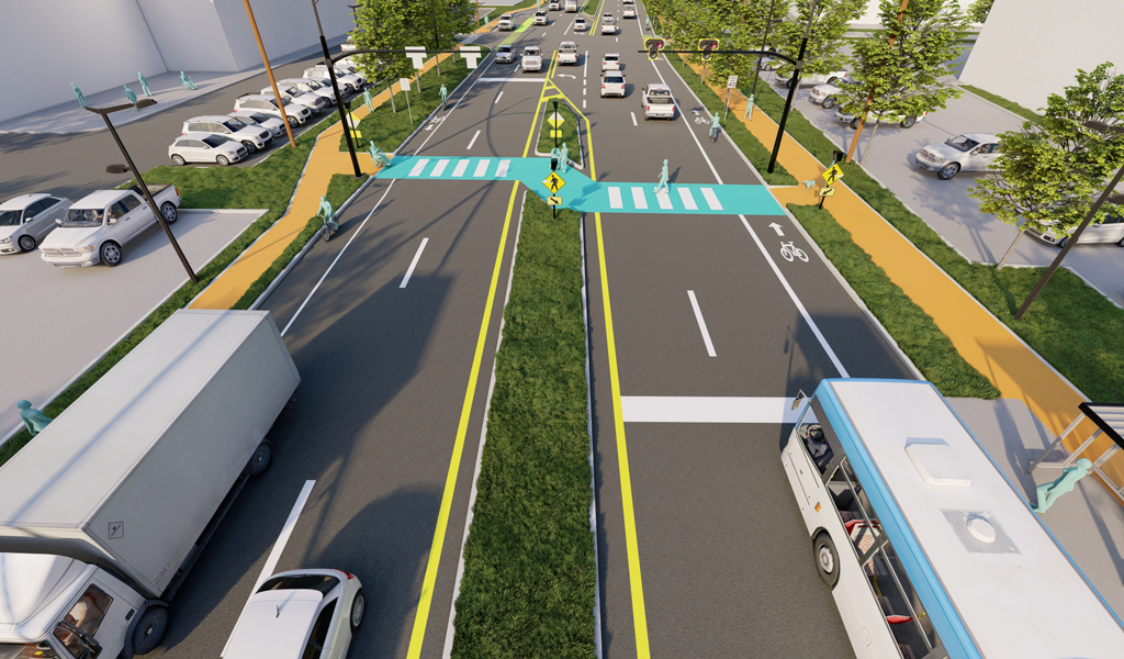 Visualization of a suggested safety countermeasure at an intersection via a blue painted crosswalk