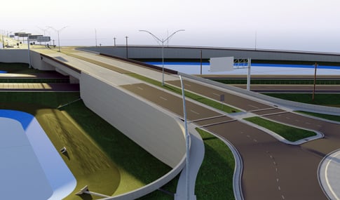 A MBD rendering of a highway, bridges, streetlights, and signage.