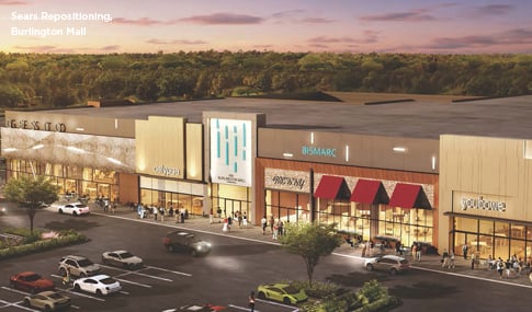Bird’s eye view rendering of the Burlington Mall depicting retail shops.