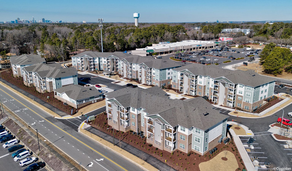 Aerial view of new affordable housing apartments.