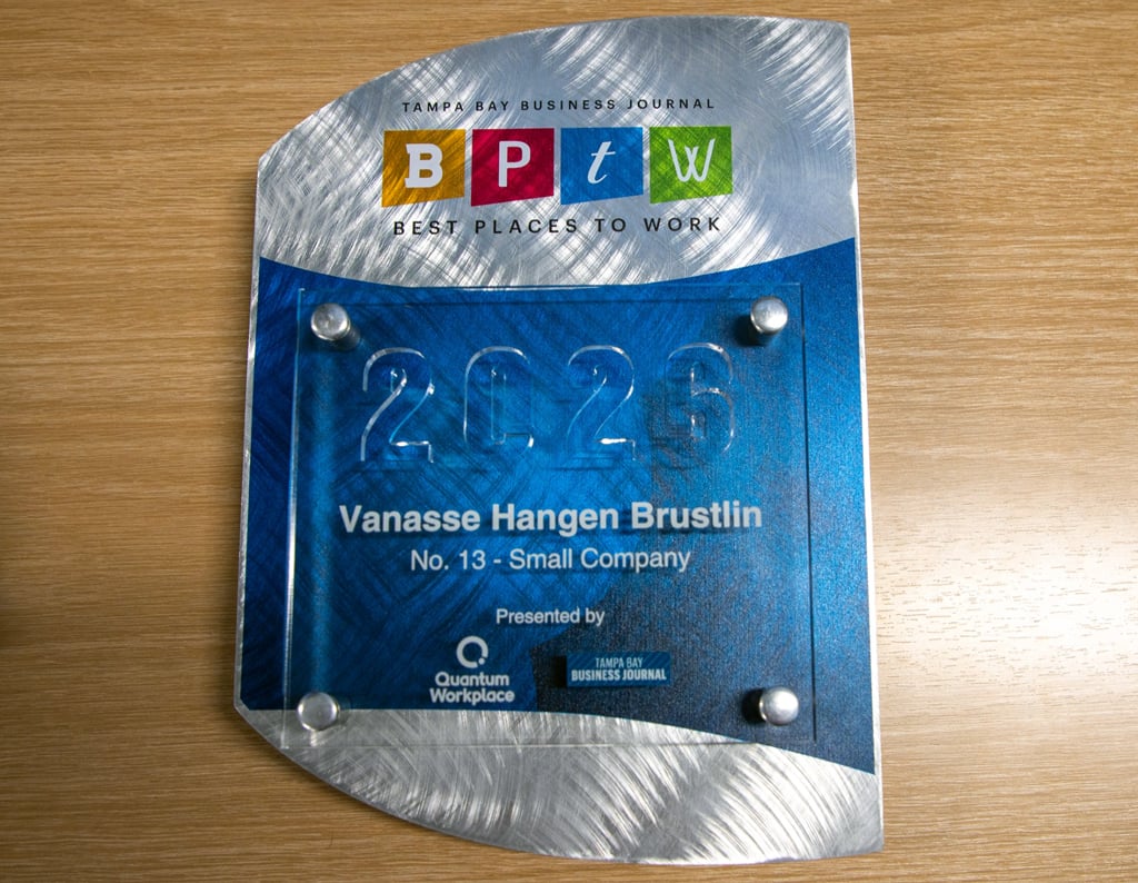 A plaque announcing VHB as a Best Place to Work.