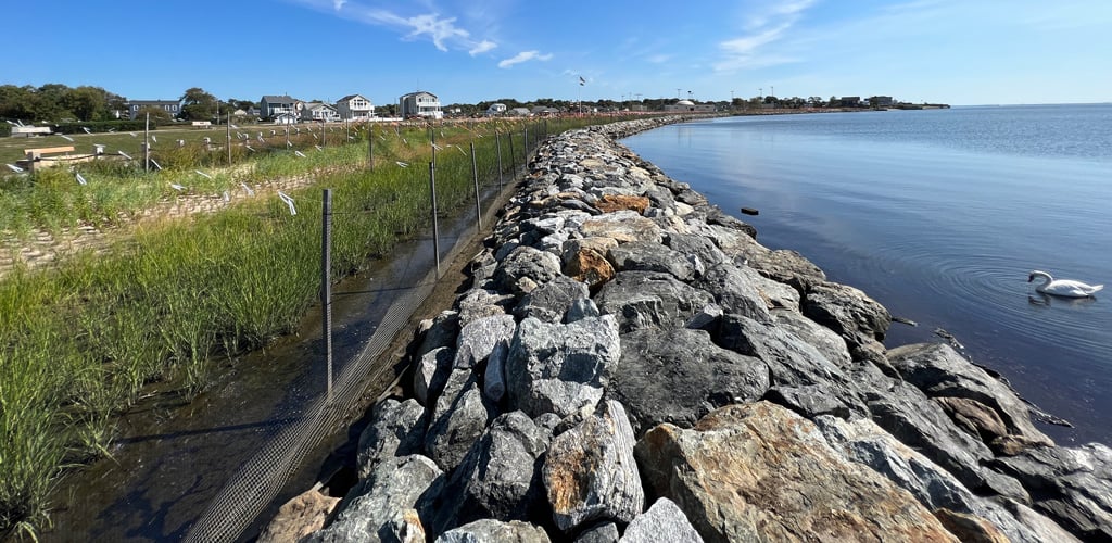 The living shoreline at Shorefront Park in the Village of Patchogue, New York, features a rock sill, salt marsh, and bioretention basins that work in tandem to help reduce erosion, improve water quality, and enhance biodiversity.
