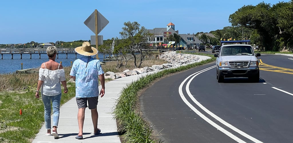 Completed construction on the Town of Duck’s Living Shoreline and Resiliency project includes the living shoreline restoration, bicycle and pedestrian enhancements, and new, elevated section of NC-12.