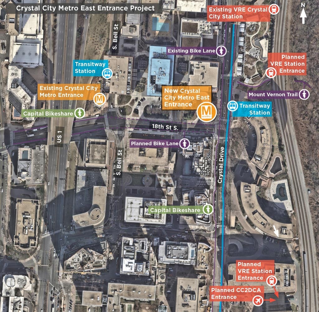 Transportation network surrounding the Crystal City East Entrance, showing connections to nearby transit, bike, and pedestrian routes.