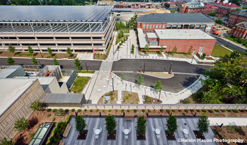 Aerial perspective of the parking garage and front entrance circulation at the Children’s National Research and Innovation campus.