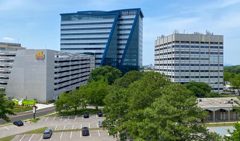 The parking deck façade and circulation at the entryway to the new CHKD Children’s Mental Health Hospital.