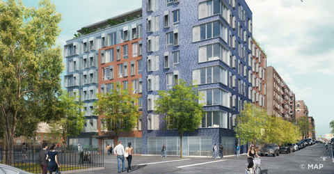 Render of an 8-story building with blue, orange, and metal façade, seen from a street corner.